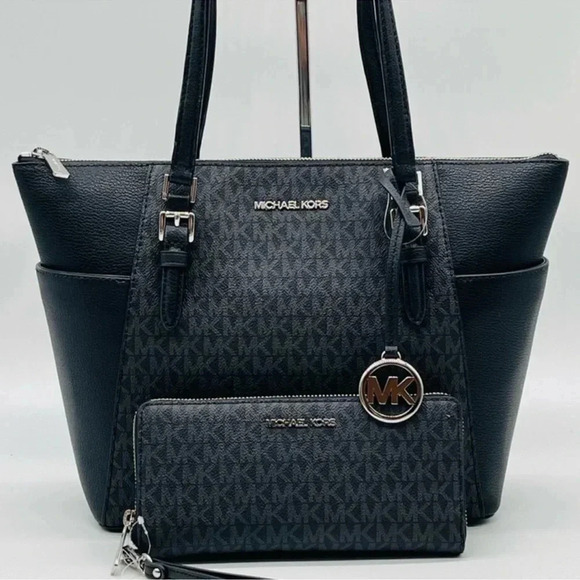 Michael Kors Large Top Zip Tote Bag Black & Continental Wallet Black - Picture 1 of 12